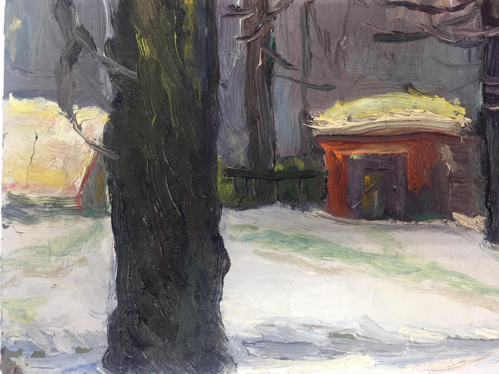 Textured dark tree trunk in snowy winter forest oil painting by Bespalov Ivan Nikolaevich