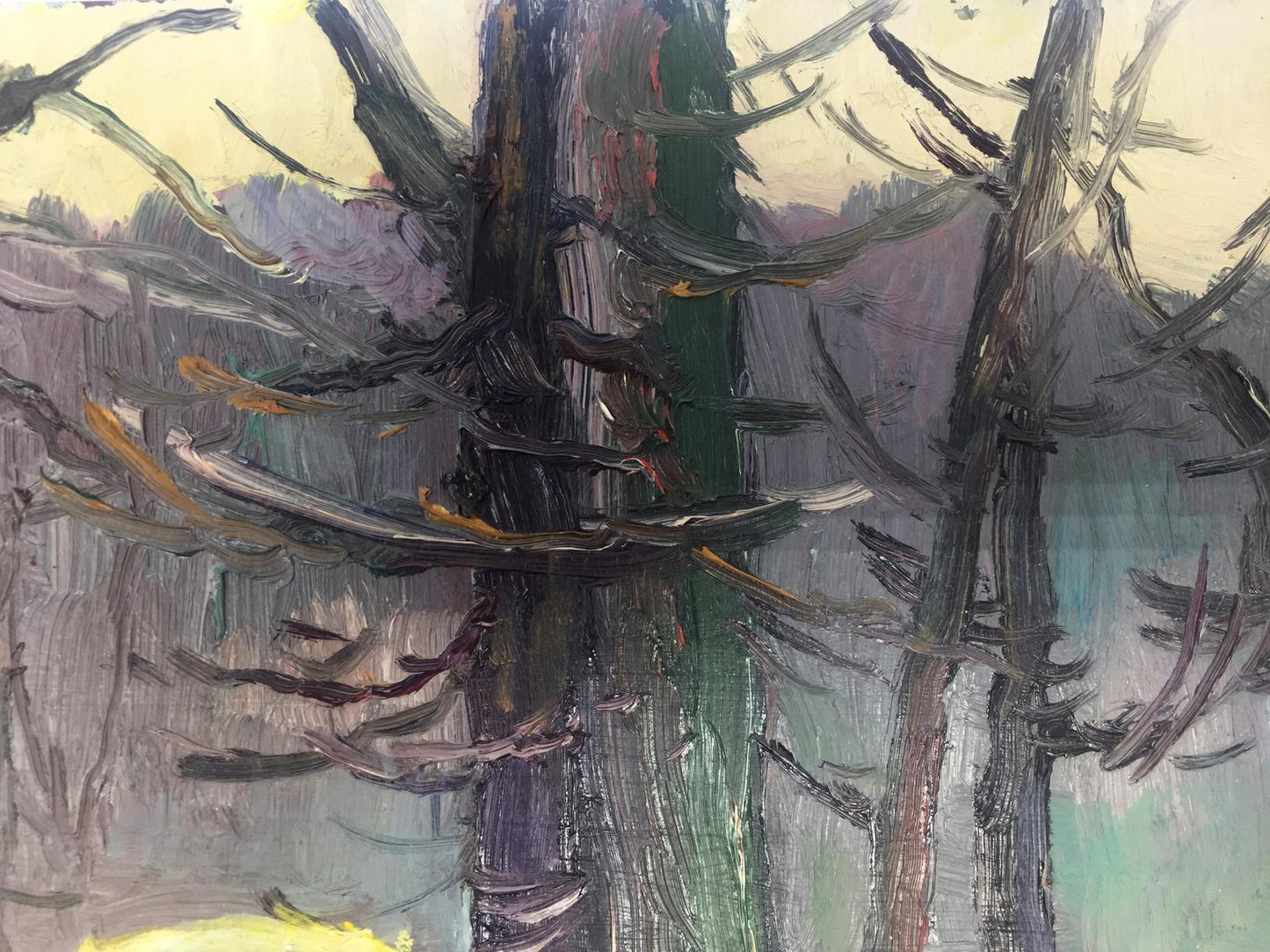 Textured oil painting of Bespalovs winter forest with gnarled trees
