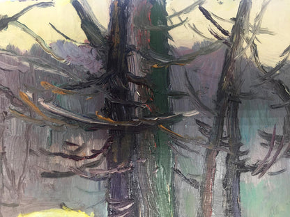 Textured oil painting of Bespalovs winter forest with gnarled trees