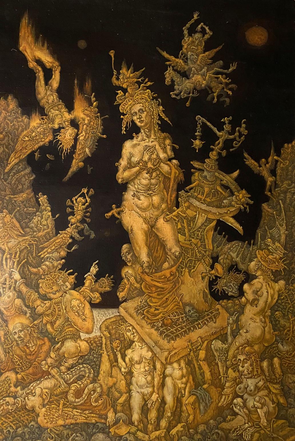 Golden figurative oil painting by Oleg Arkad’yevich Litvinov, 20th century apocalypse scene