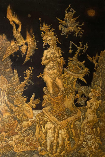 Golden figurative oil painting by Oleg Arkad’yevich Litvinov, 20th century apocalypse scene