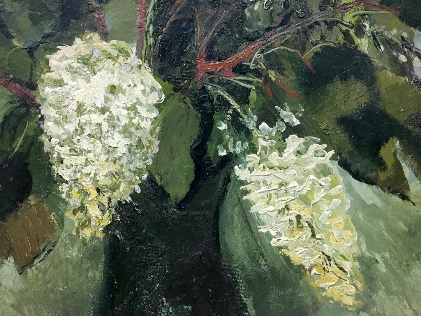 Oil painting of white lilac by Afanasyev Vladimir Ilyich with textured strokes on green foliage