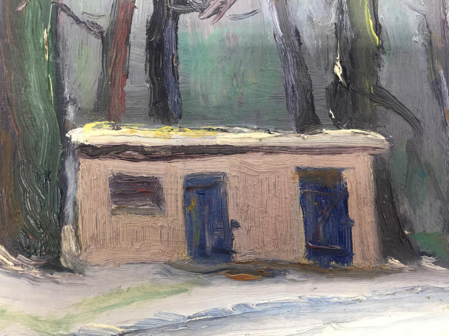 Winter forest oil painting by Bespalov Ivan Nikolaevich, rustic cabin among tall trees