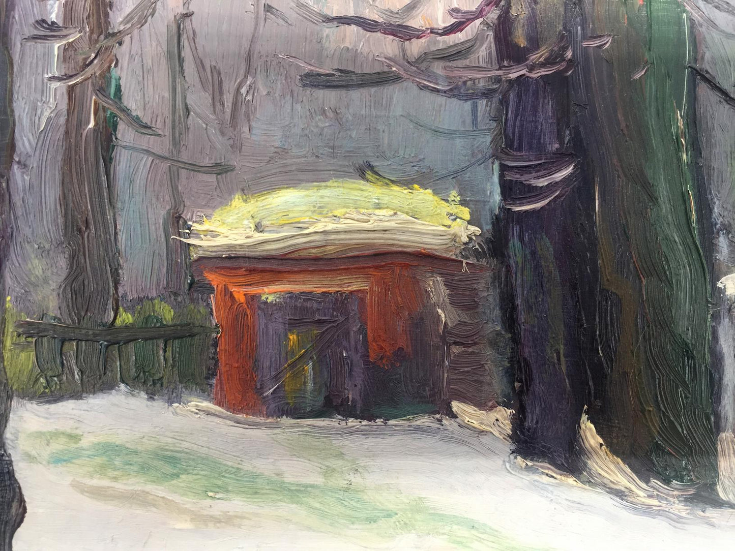 Oil painting of rustic red cabin in winter forest by Bespalov