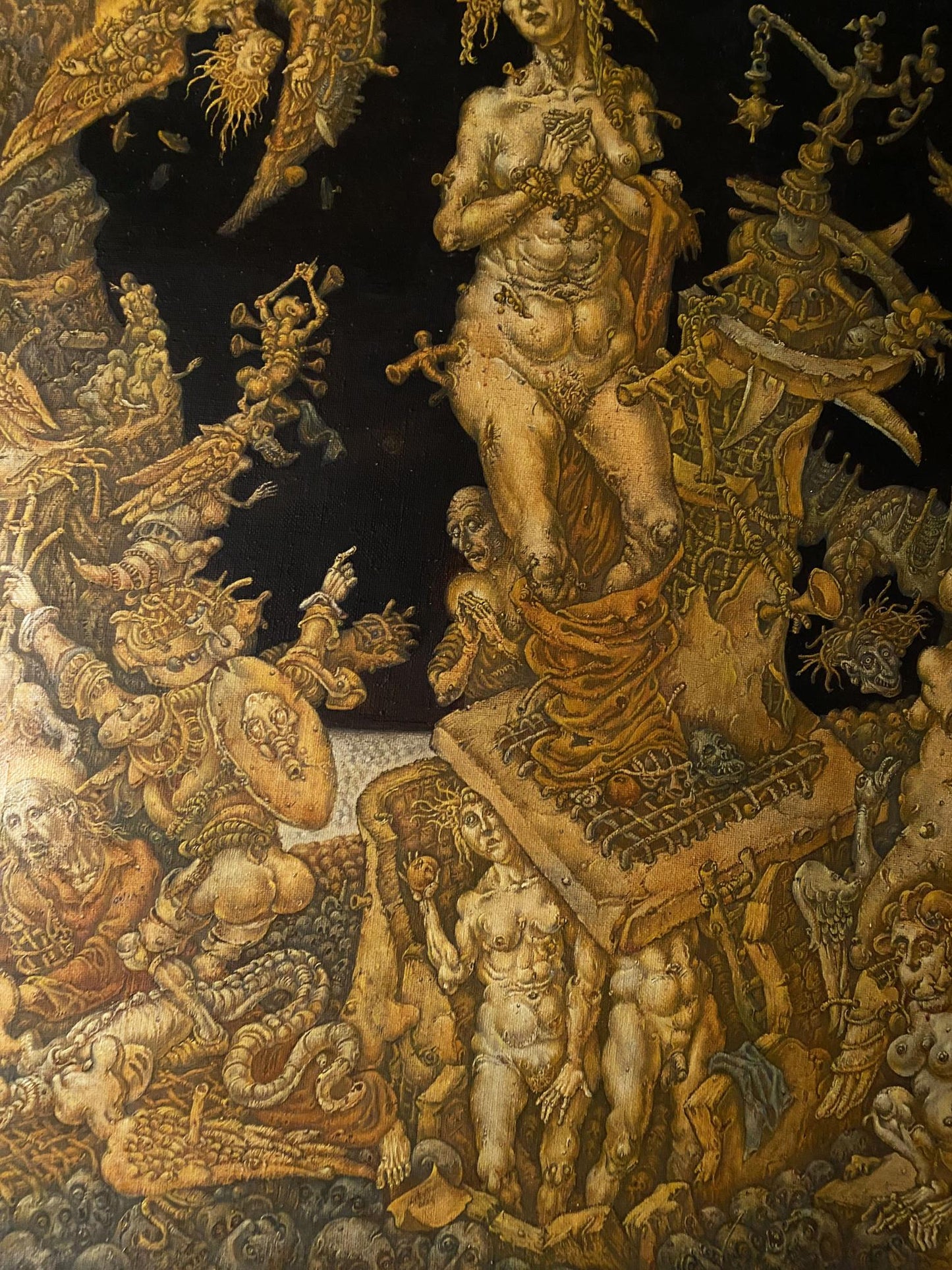 Golden muscular figure in chaotic 20th century apocalypse oil painting by Oleg Arkad’yevich Litvinov