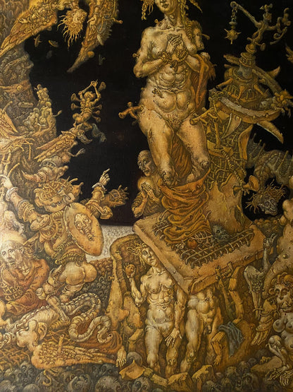 Golden muscular figure in chaotic 20th century apocalypse oil painting by Oleg Arkad’yevich Litvinov