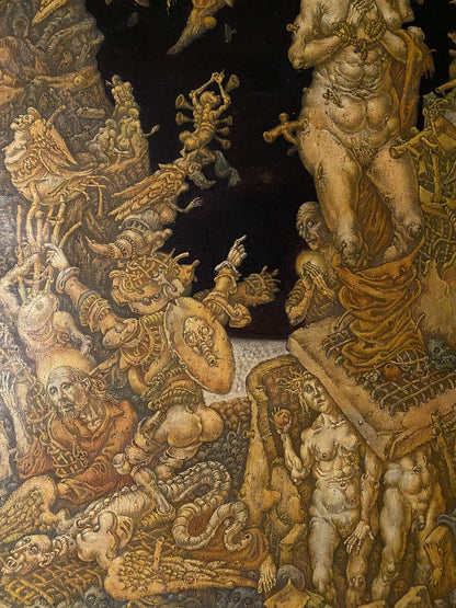 20th century apocalypse oil painting by Oleg Arkad’yevich Litvinov, chaotic muscular figures and creatures