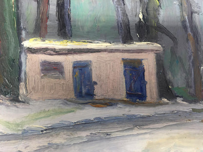 Oil painting of rustic beige shed by Bespalov Ivan Nikolaevich