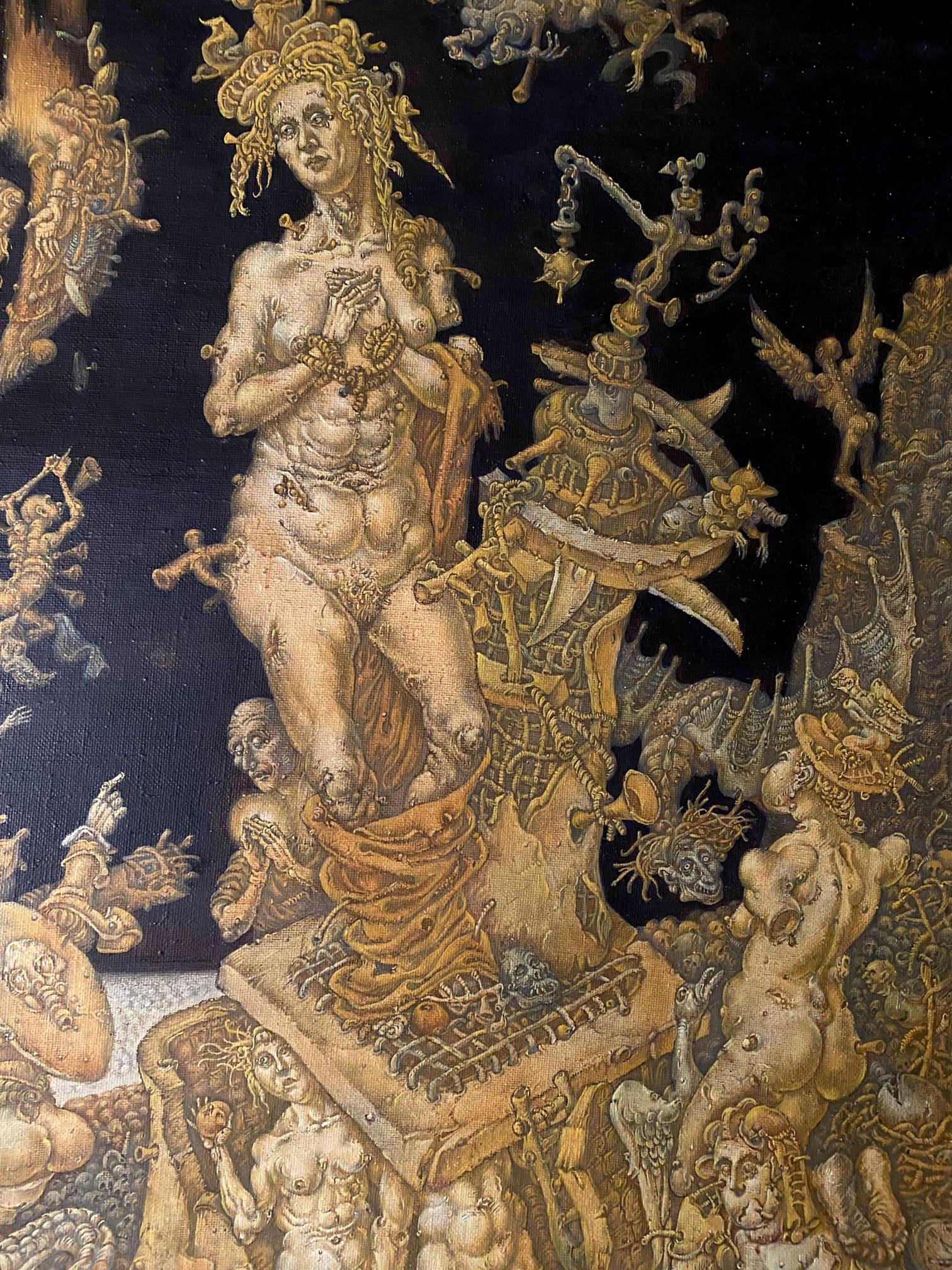 20th century oil painting of golden tapestry with muscular saint Catherine by Litvinov
