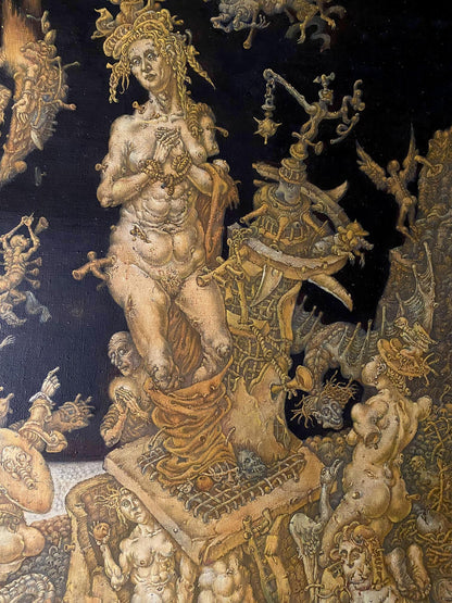 20th century oil painting of golden tapestry with muscular saint Catherine by Litvinov