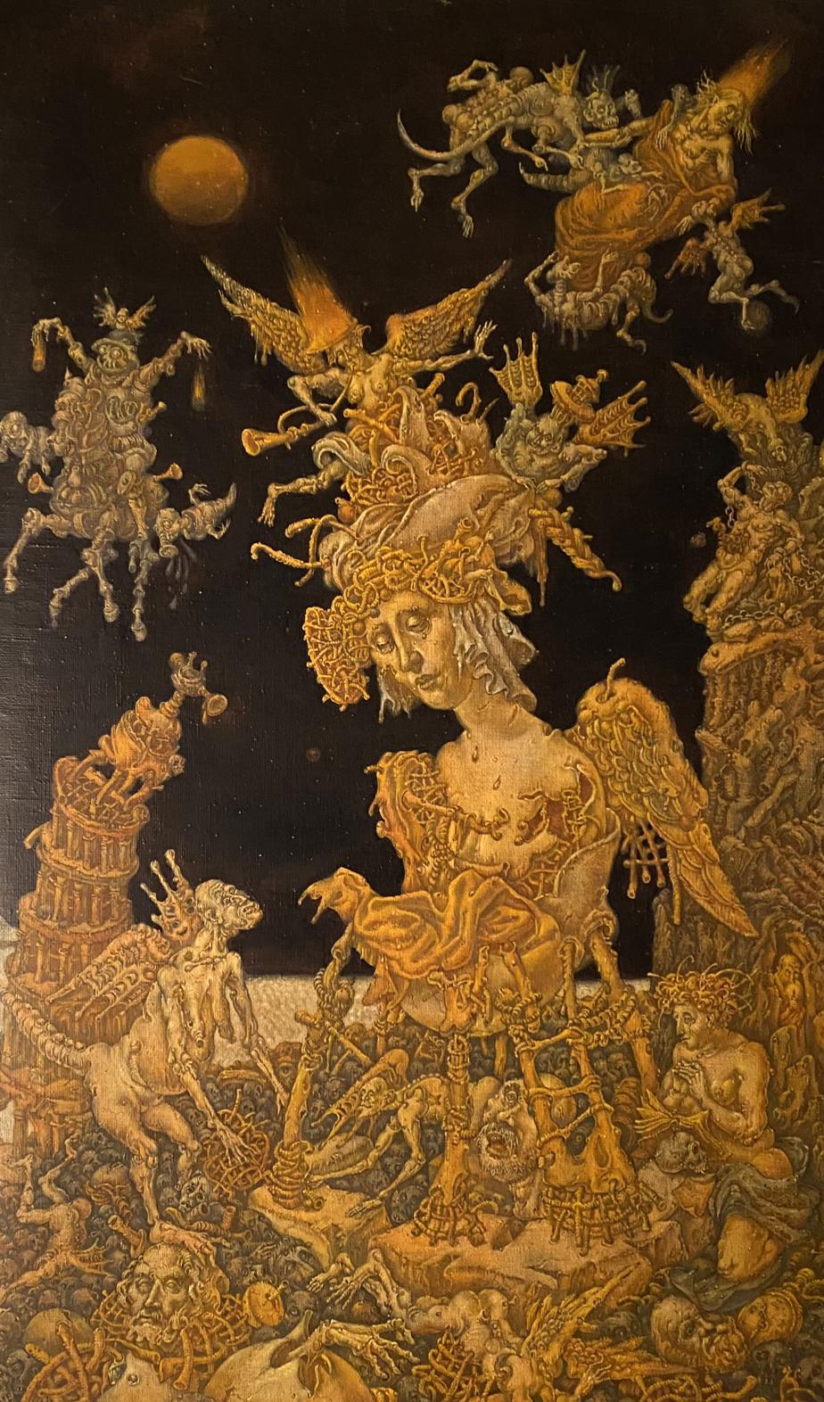 Golden winged figure with fantastical creatures in 20th century apocalypse oil painting by Maria Litvinov Oleg Arkad’yevich
