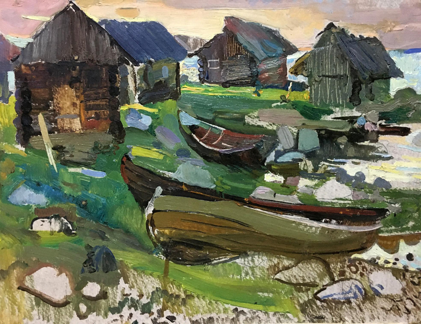 Oil painting of rustic wooden boat mooring on grassy ground