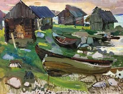 Oil painting of rustic wooden boat mooring on grassy ground