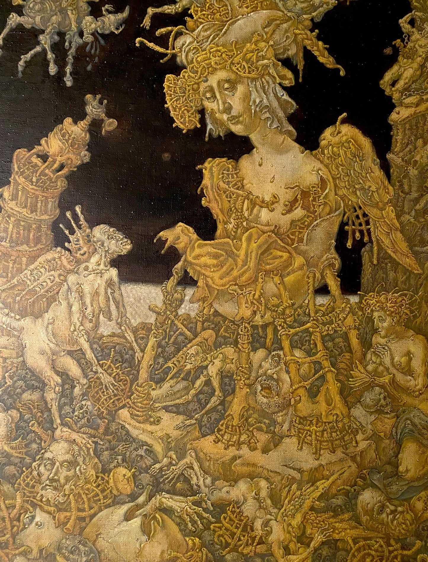 Golden tapestry oil painting by Maria Litvinov Oleg Arkad’yevich, 20th century apocalypse scene