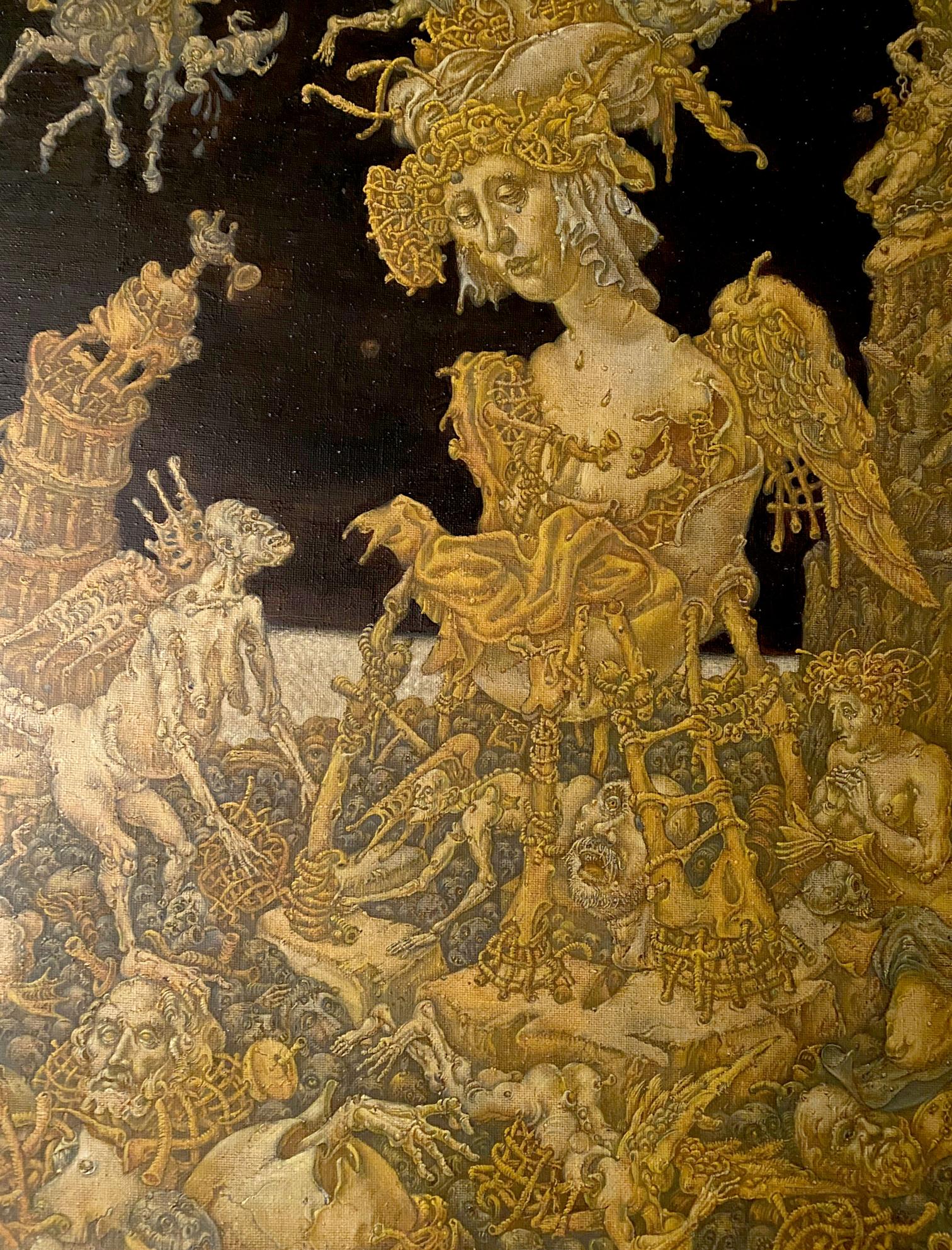 Golden tapestry oil painting by Maria Litvinov Oleg Arkad’yevich, 20th century apocalypse scene