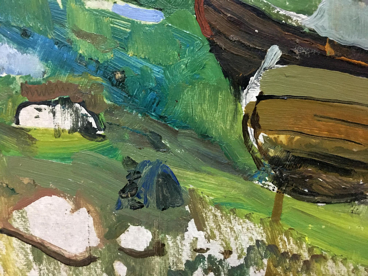 Vibrant green and brown abstract oil landscape with boat mooring, visible brushstrokes