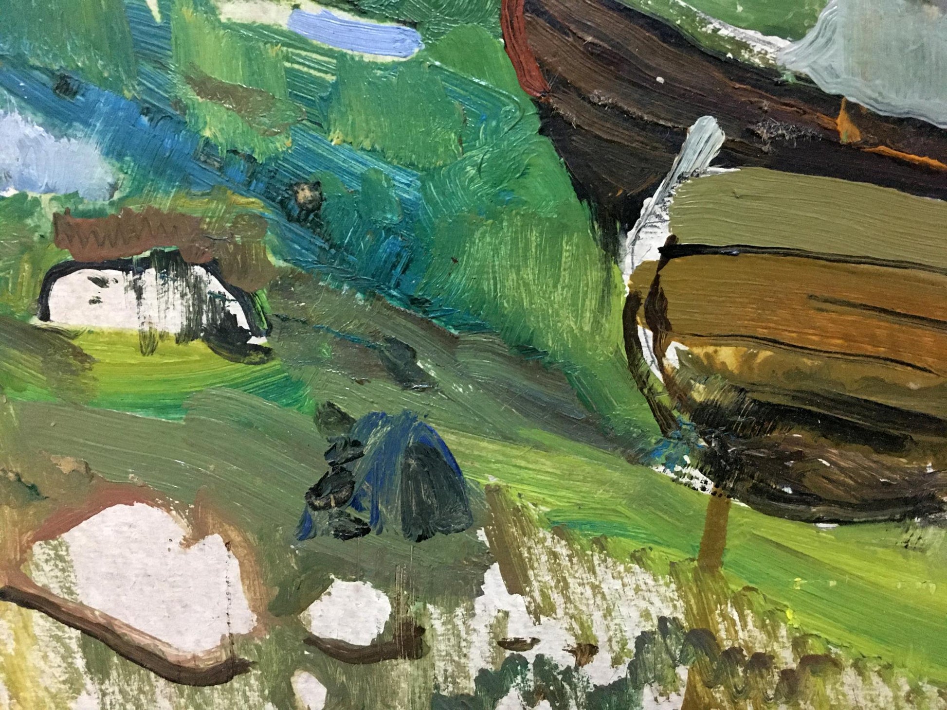 Vibrant green and brown abstract oil landscape with boat mooring, visible brushstrokes