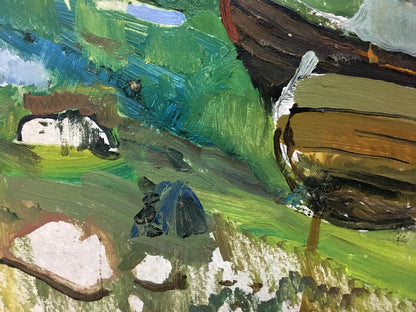 Vibrant green and brown abstract oil landscape with boat mooring, visible brushstrokes