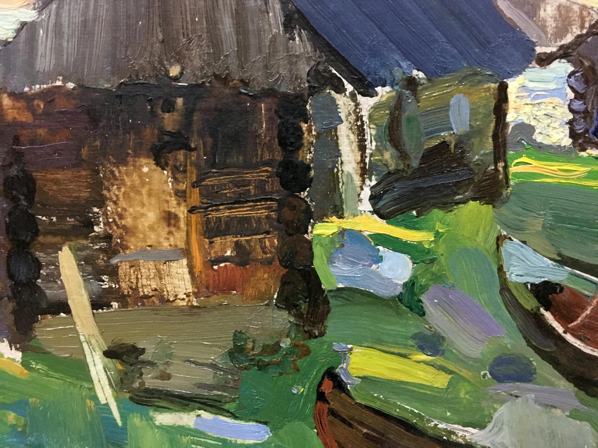 Impasto oil painting of rustic house with blue roof in green fields, boat mooring