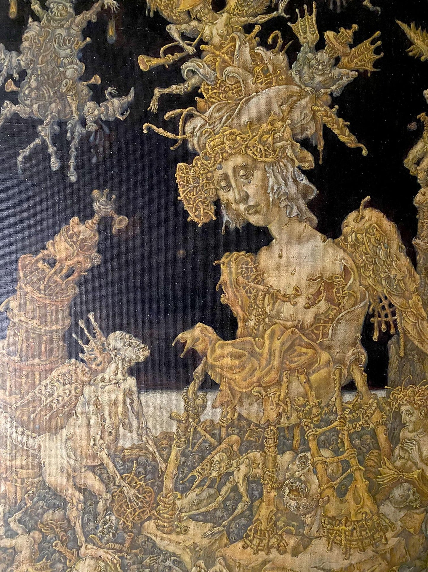 20th century oil painting of winged crowned figure and apocalypse creatures by Maria Litvinov Oleg Arkad’yevich