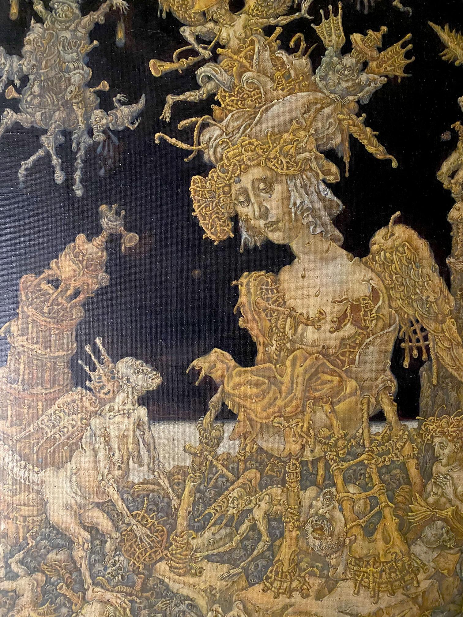 20th century oil painting of winged crowned figure and apocalypse creatures by Maria Litvinov Oleg Arkad’yevich