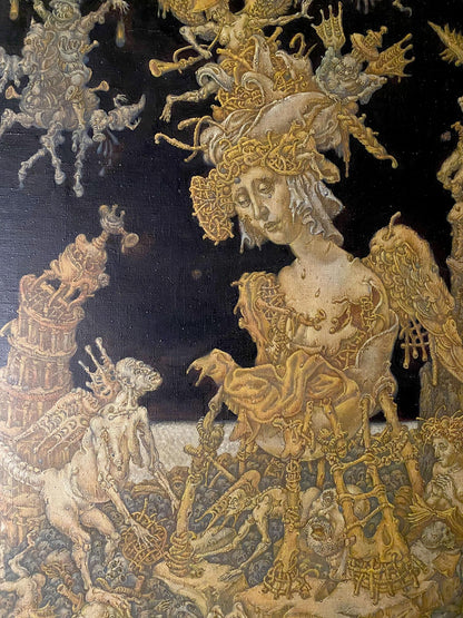20th century oil painting of winged crowned figure and apocalypse creatures by Maria Litvinov Oleg Arkad’yevich