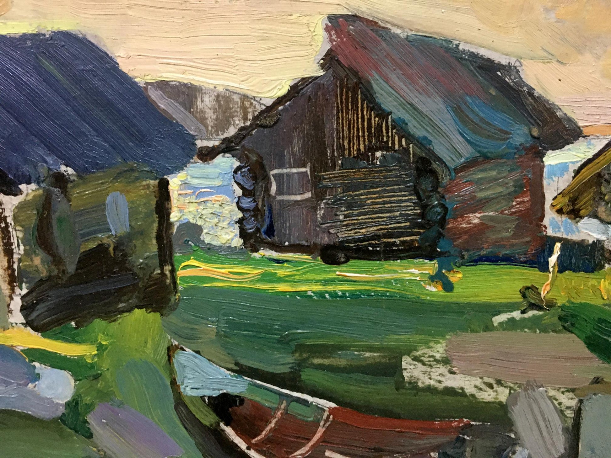 Rustic wooden boathouse oil painting by vibrant green field under impressionistic sky