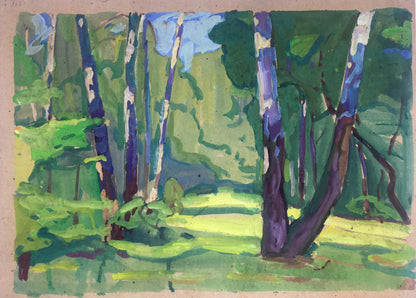 Vibrant impressionist oil painting of birch grove with tall trees in green, blue, white