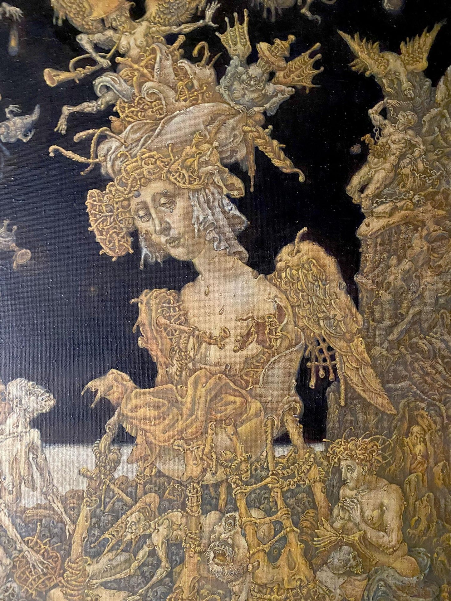 Golden tapestry of winged figure in ornate headgear from Litvinovs 20th century apocalypse oil painting