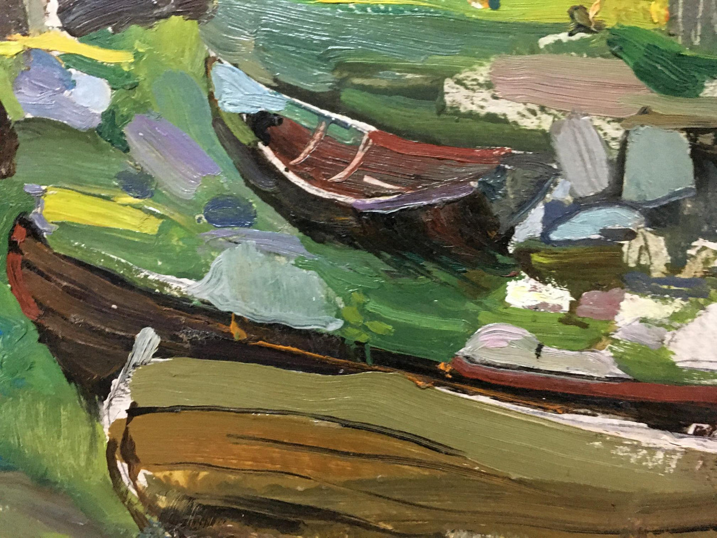 Oil painting of rustic rowboat mooring on vibrant green water
