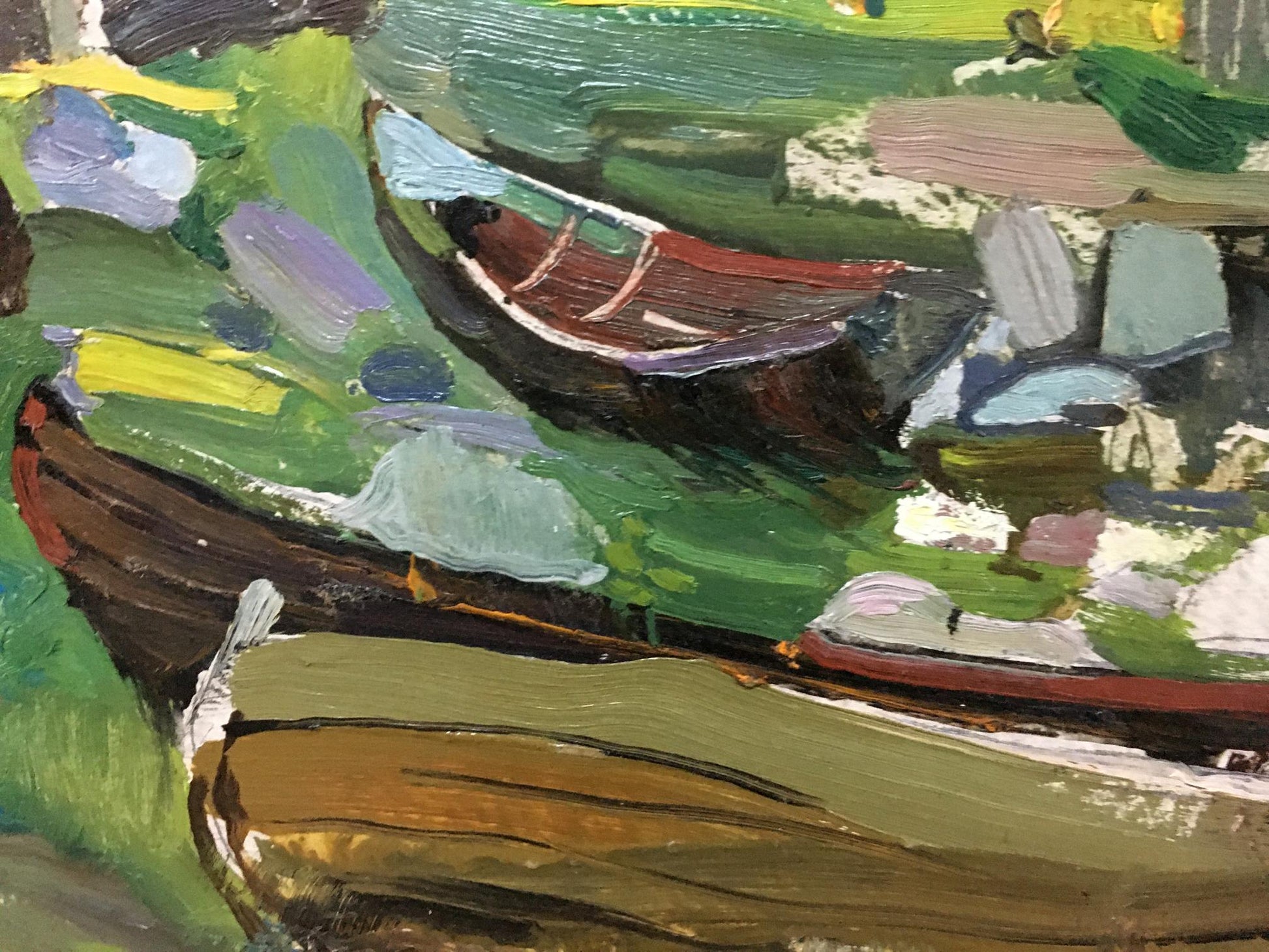 Oil painting of rustic rowboat mooring on vibrant green water