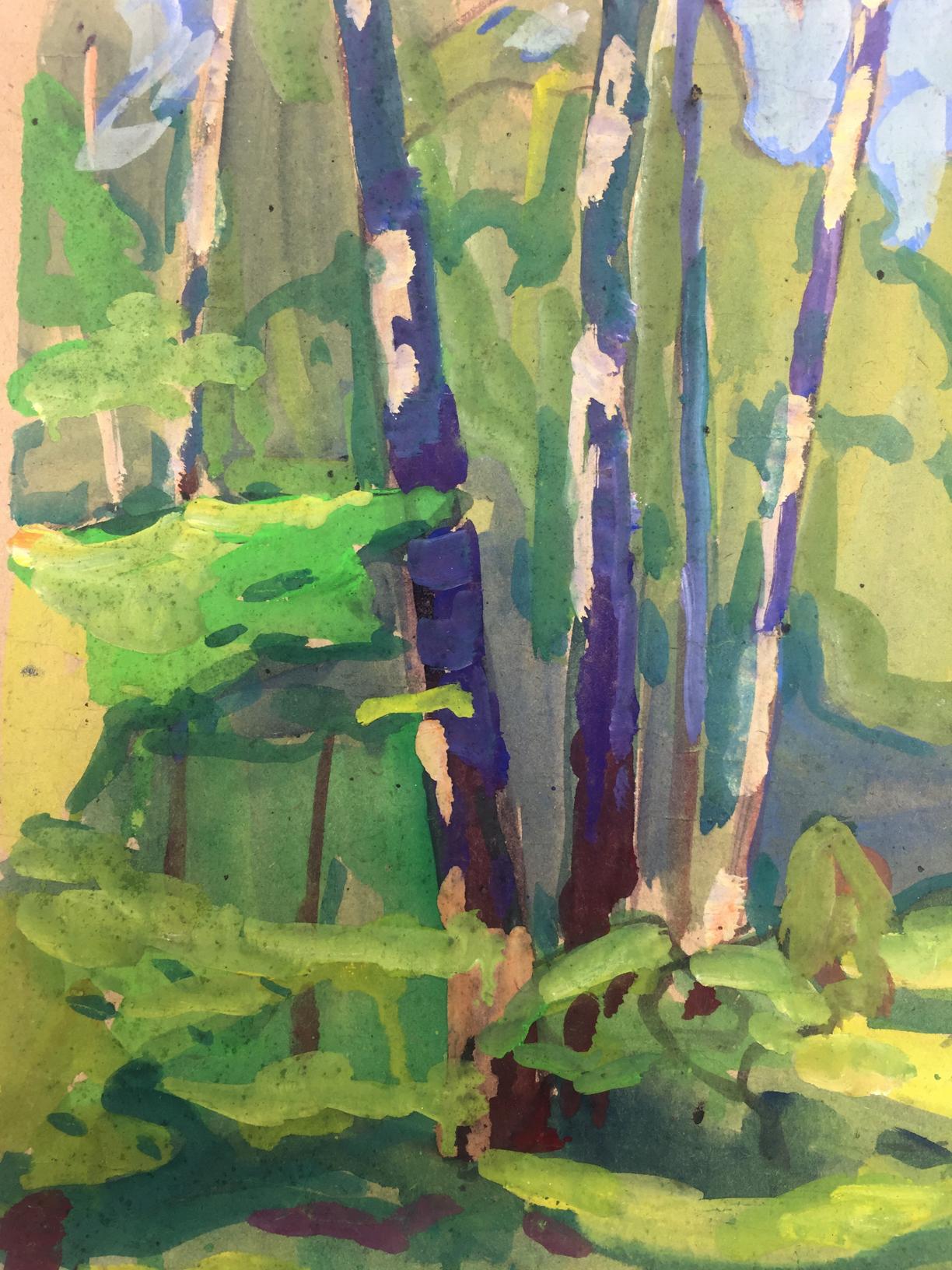 Vibrant watercolor oil painting of birch grove with purple-green trunks
