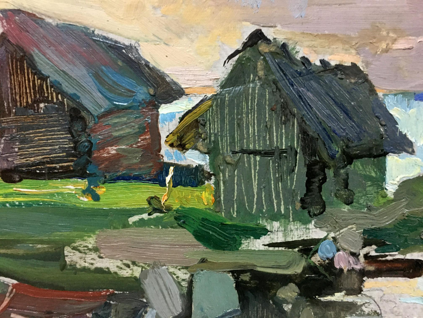 Impressionistic oil painting of rustic barns and boat mooring
