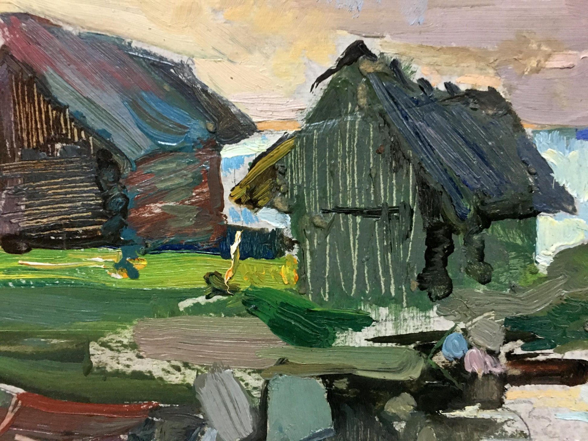 Impressionistic oil painting of rustic barns and boat mooring