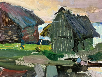 Impressionistic oil painting of rustic barns and boat mooring
