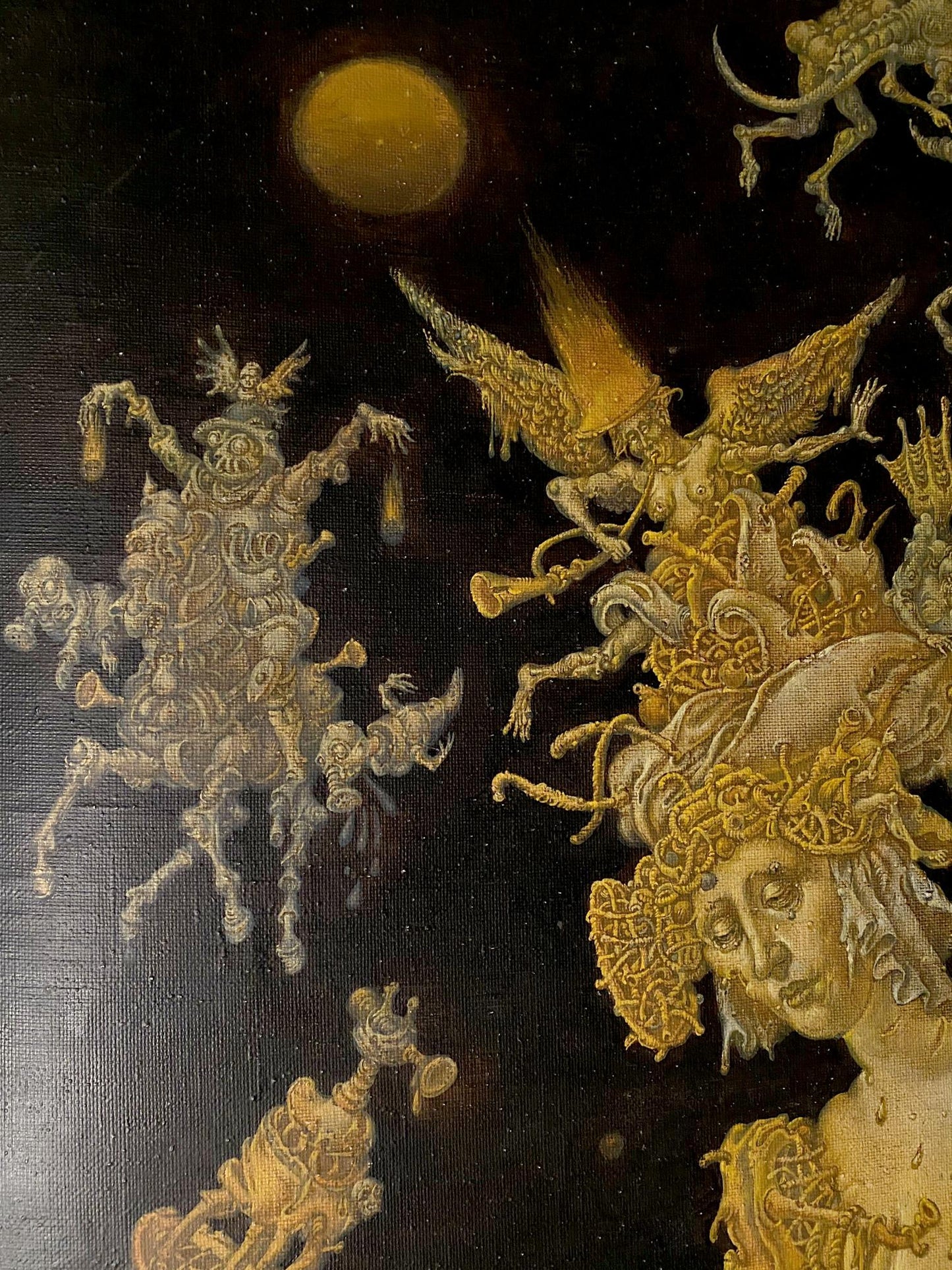 Golden winged figure in 20th century apocalypse oil painting by Maria Litvinov Oleg Arkadyevich