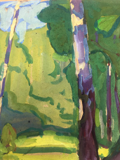 Vibrant original oil painting of birch grove with green, purple, yellow trees
