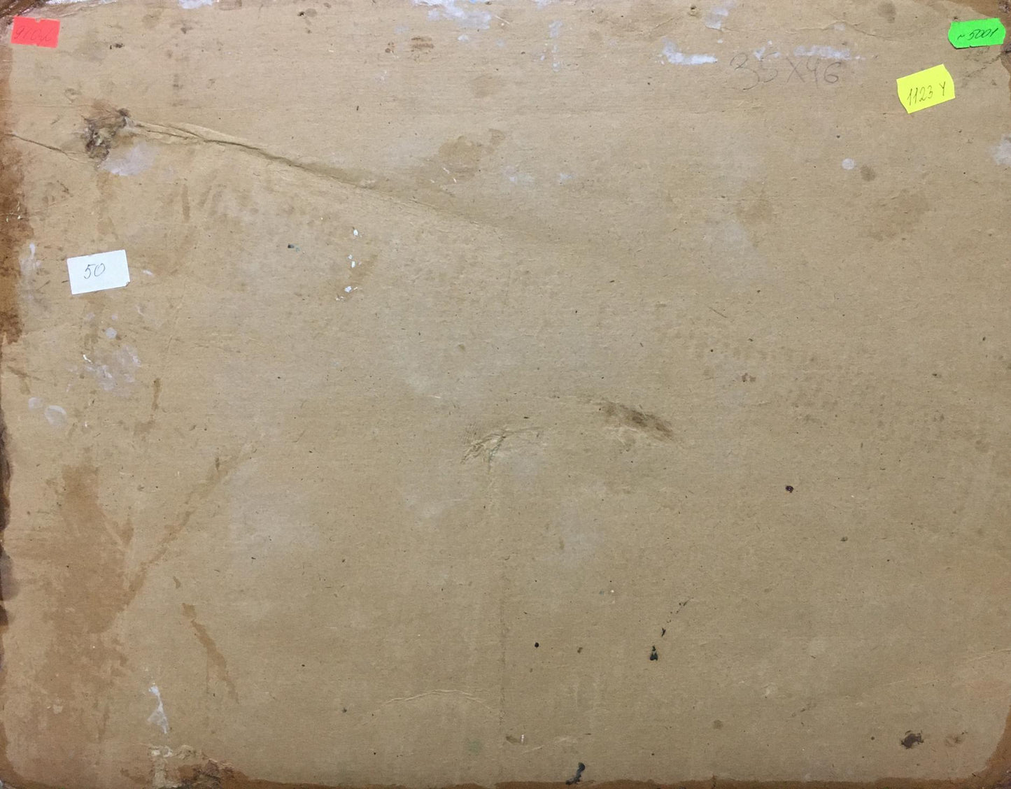 Back of Oil painting Boat mooring with worn beige cardboard, stains and labels