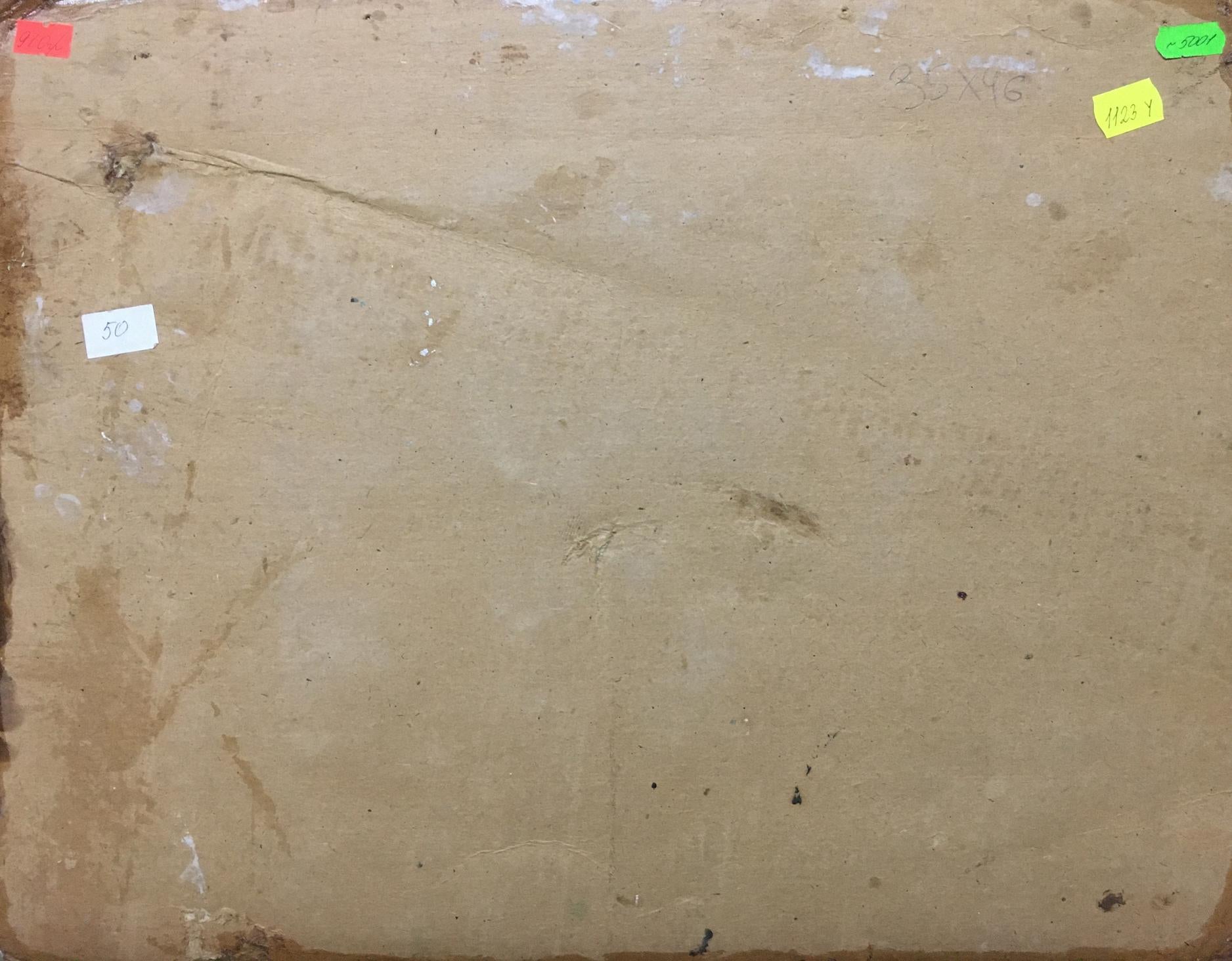 Back of Oil painting Boat mooring with worn beige cardboard, stains and labels