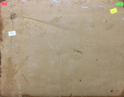 Back of Oil painting Boat mooring with worn beige cardboard, stains and labels