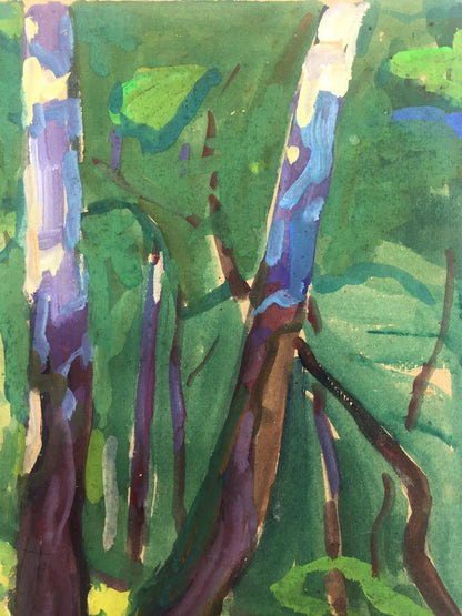 Vibrant watercolor birch grove oil painting with purple blue streaks on green background