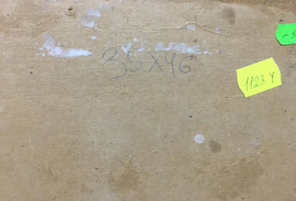 Back of Oil painting Boat mooring with handwritten measurements and labels on brown cardboard