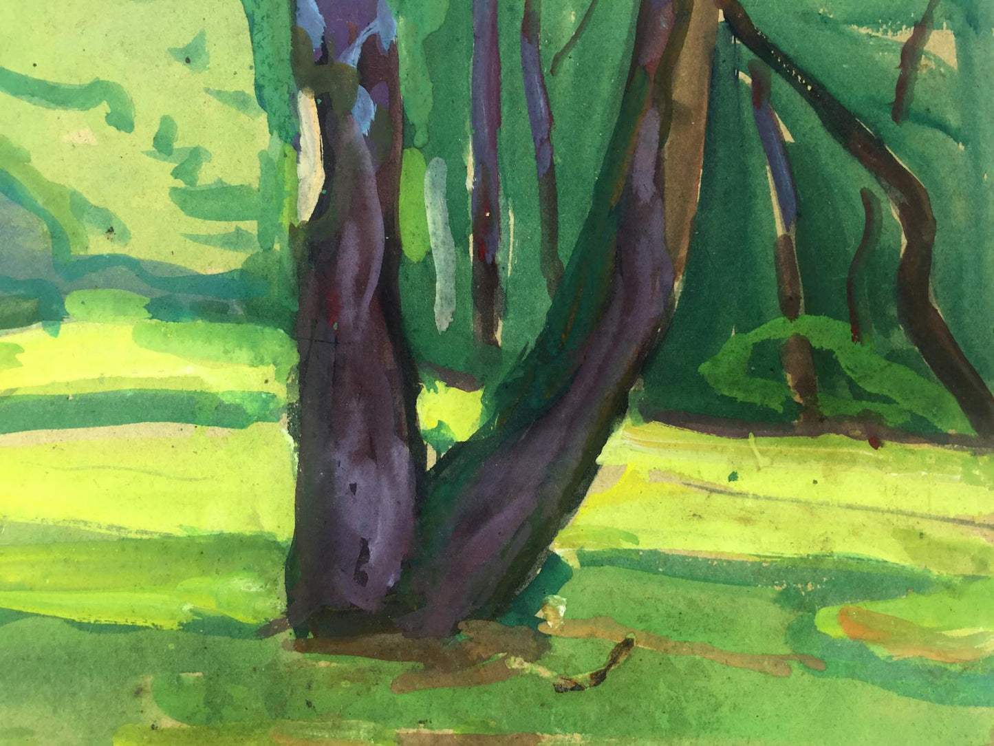 Oil painting of birch grove with purple-brown trunks on green background