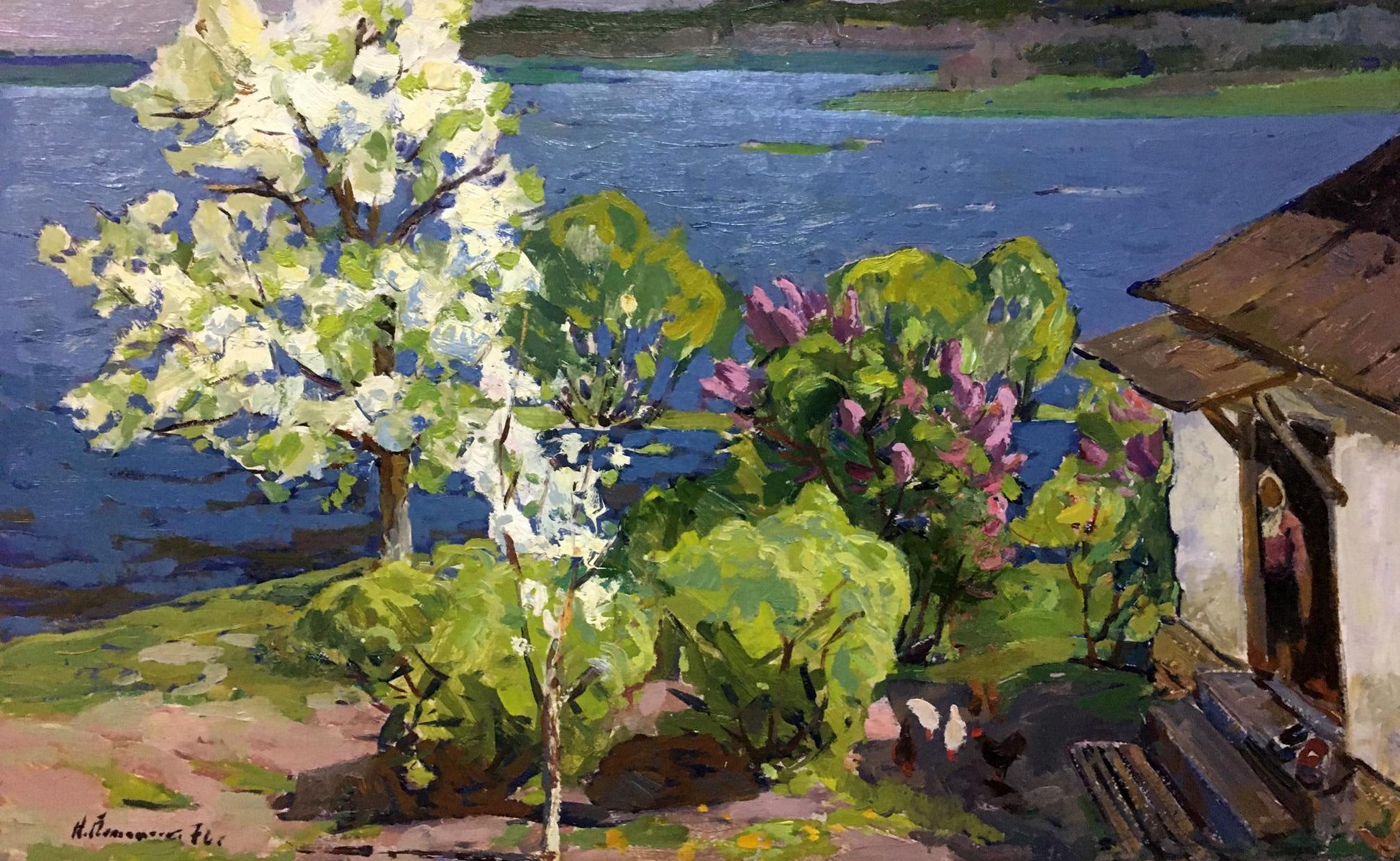Oil painting Spring in Sednev by Potapenko Andrey Ilyich: white tree, purple flowers, cottage, lake