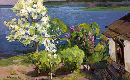 Oil painting Spring in Sednev by Potapenko Andrey Ilyich: white tree, purple flowers, cottage, lake