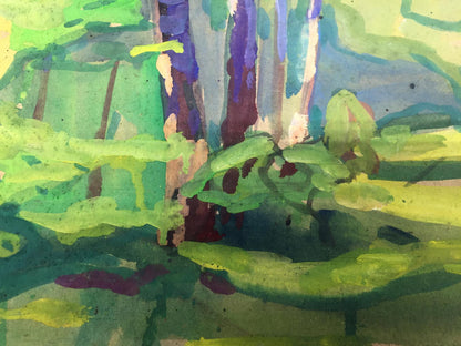 Oil painting birch grove with vibrant watercolor forest foliage