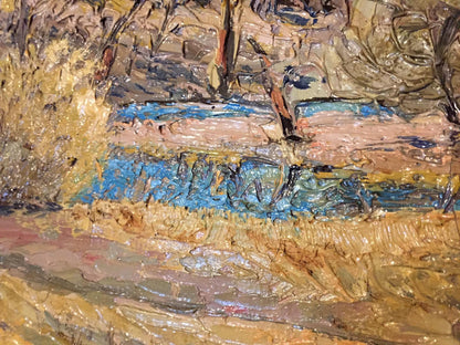 Oil painting Spring forest Zaretskaya-Grigoriev Maya vibrant blue river textured brushstrokes