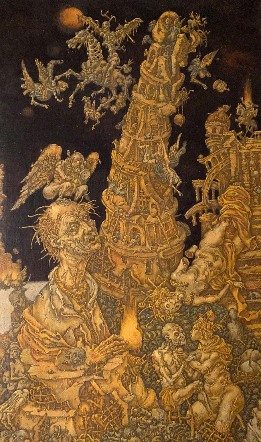 20th century oil painting of golden apocalyptic tower by Oleg Arkad’yevich Saint John Litvinov