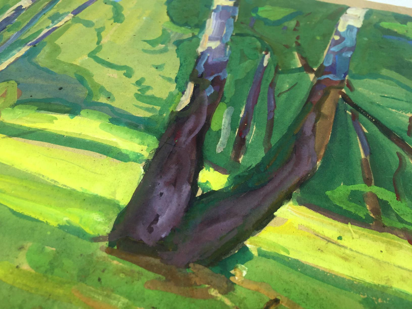 Oil painting Birch Grove: vibrant impressionistic green purple birch trunks