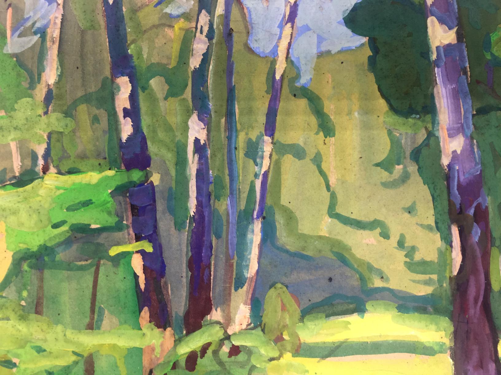 Vibrant watercolor birch grove oil painting with purple trunks and green foliage